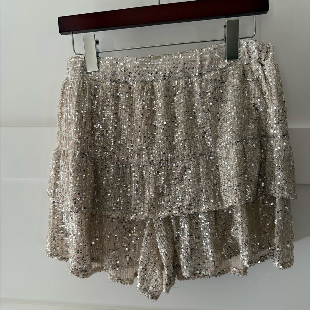 Pink Lily Gold Sequin Tiered Shorts